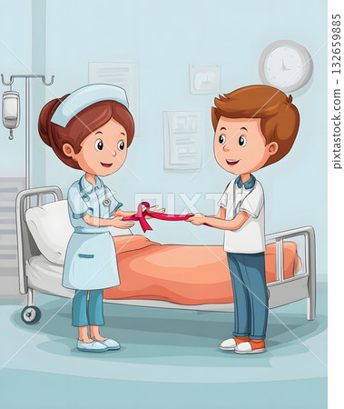 nurse handing out ribbon to patient vector 132659885