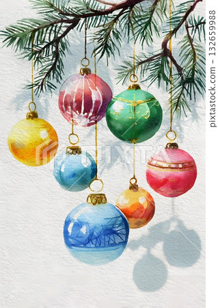 watercolor christmas ornaments hanging on branches 132659988