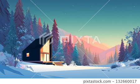 flat cozy cabin winter abstract landscape 132660017