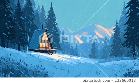 flat cozy cabin winter abstract landscape flat cozy cabin winter abstract landscape 132660018