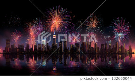 geometric skyline fireworks composition 132660044