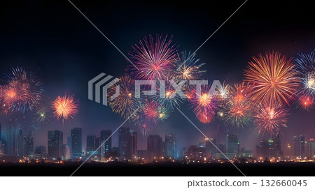 geometric skyline fireworks composition 132660045