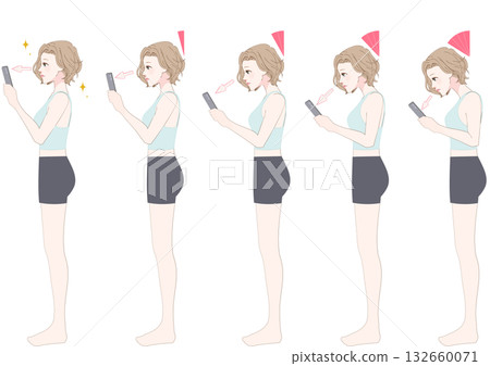 Comparison set of smartphone neck deterioration stages for women lying sideways 132660071