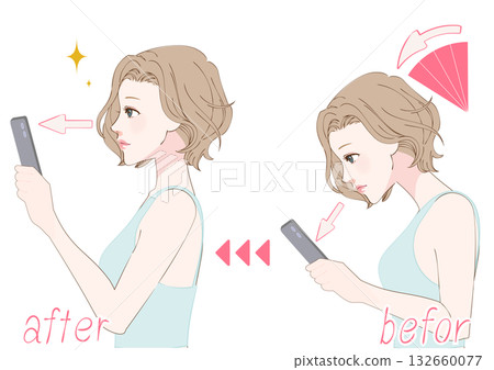 一位女性改善智慧型手機頸部姿勢前後的臉部特寫對比 一位女性改善智慧型手機頸部姿勢前後的臉部特寫對比 132660077
