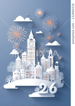 paper cut city skyline with fireworks and 2026 typography 132660316