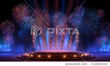 celebration stage with fireworks and shining 2026 centerpiece 132660320