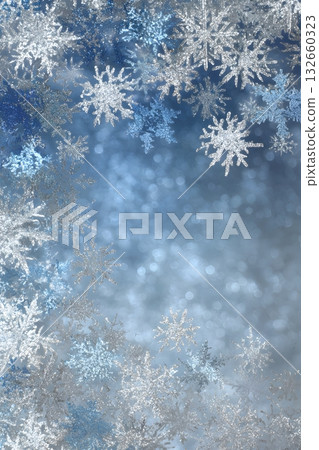 white and blue snowflakes surrounding silver 2026 typography 132660323