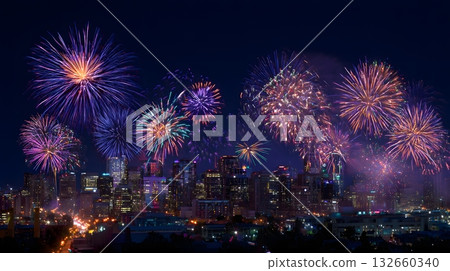 night city fireworks over 2026 glowing on horizon night city fireworks over 2026 glowing on horizon 132660340