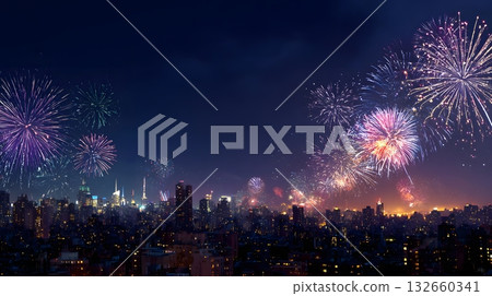 night city fireworks over 2026 glowing on horizon night city fireworks over 2026 glowing on horizon 132660341