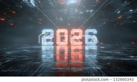 digital futuristic grid with glowing 2026 typography 132660343