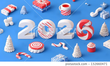 isometric 3D render of festive objects and 2026 numbers 132660471