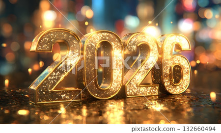 3D render 2026 numbers with glossy texture and sparkling bokeh lights 132660494