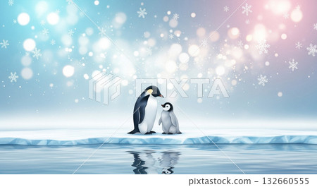 兩隻企鵝在閃閃發光的冰雪世界裡 132660555