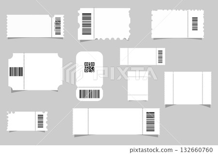 Realistic ticket with stub rip line with barcode and shadow. 132660760