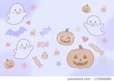 [無文字_藍紫色] 可愛輕鬆的萬聖節/流行插畫，描繪了幽靈和南瓜 132660860