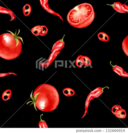 Seamless pattern Illustration with hand-drawn red tomatoes, chili peppers, and pepper slices on a black background Seamless pattern Illustration with hand-drawn red tomatoes, chili peppers, and pepper slices on a black background 132660914