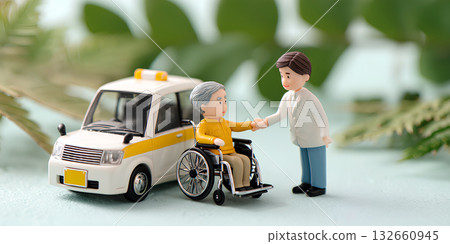 Wheelchair user and smiling driver in welfare vehicle / Mamio Design Welfare Series 132660945