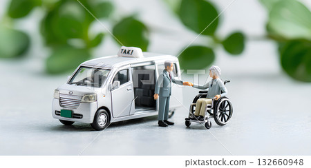 Wheelchair user and smiling driver in welfare vehicle / Mamio Design Welfare Series 132660948