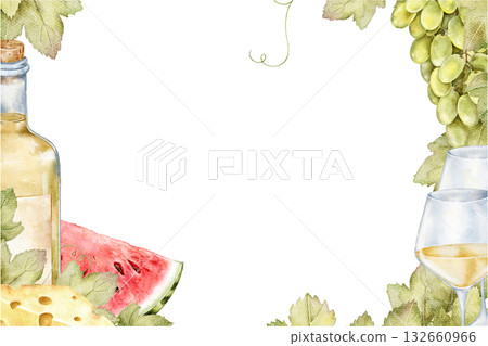 Watercolor illustration of a rectangular frame with green grape clusters, wine bottle and slice of watermelon, vine leaves at one corner. Ideal for picnic invitation, summer menu, seasonal packaging. Watercolor illustration of a rectangular frame with green grape clusters, wine bottle and slice of watermelon, vine leaves at one corner. Ideal for picnic invitation, summer menu, seasonal packaging. 132660966