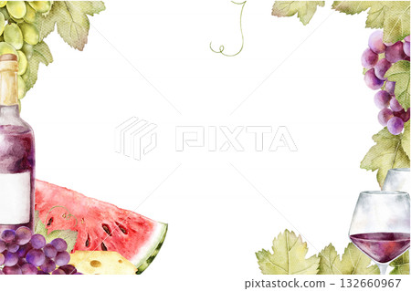 Watercolor picnic frame with red grape clusters, cheese, red wine bottle, glasses of wine and slice of watermelon, vine leaves. Ideal for picnic invitation, summer menu, seasonal packaging. 132660967