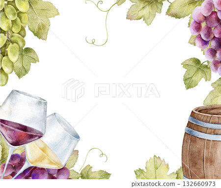 Watercolor frame with green and purple grape clusters, wine barrel, wine glass and vine leaves at corners. Ideal for wine event invitation, menu, kitchen card, vineyard label, festival, tasting 132660973