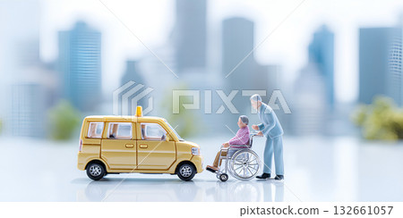 Wheelchair user and smiling driver in welfare vehicle (urban) / Mamio Design Welfare Series Wheelchair user and smiling driver in welfare vehicle (urban) / Mamio Design Welfare Series 132661057