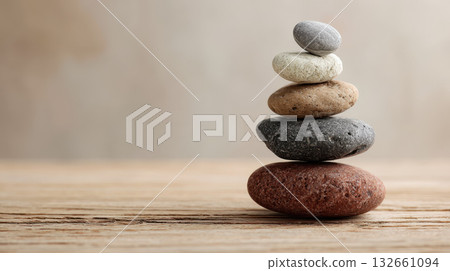 Stacked smooth stones balance wooden surface, symbolizing harmony, calm, and peaceful meditation Stacked smooth stones balance wooden surface, symbolizing harmony, calm, and peaceful meditation 132661094