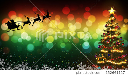 聖誕老人和他的馴鹿飛過閃亮的夜空 聖誕老人和他的馴鹿飛過閃亮的夜空 132661117