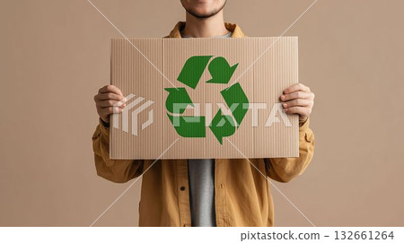 一名年輕男子手持回收標誌 132661264