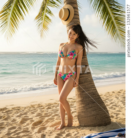 Young woman in a swimsuit looking at the sea Young woman in a swimsuit looking at the sea 132661577