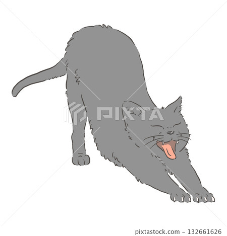 一隻伸懶腰的黑貓的插圖 132661626