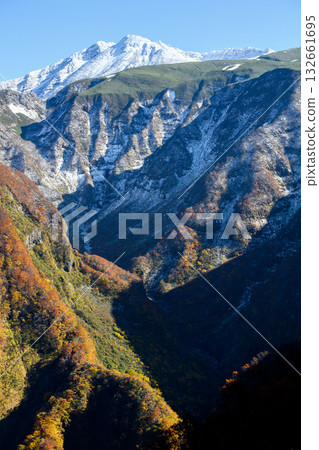 Autumn: Snow-capped Mount Chokai and Naso Valley, Chokai Blue Line, Akita Prefecture 132661695