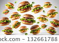 Hamburgers and cheeseburgers floating in midair on a light background 132661788
