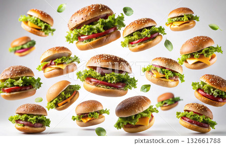 Hamburgers and cheeseburgers floating in midair on a light background 132661788