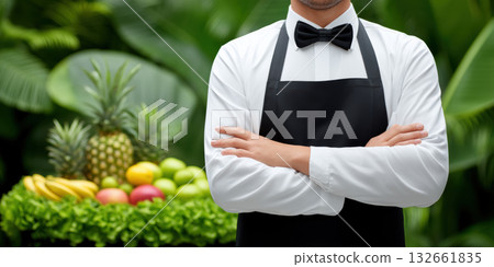 Professional small business waiter in black apron and bow tie stands with folded arms near fresh tropical fruit display conveying confident service Professional small business waiter in black apron and bow tie stands with folded arms near fresh tropical fruit display conveying confident service 132661835