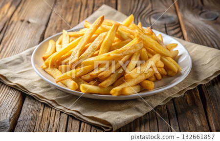 Golden French fries on a white plate placed on a cloth napkin 132661857