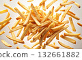Crispy French fries in midair, scattered against a clean, open background 132661882