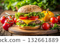 Appetizing cheeseburger among fresh vegetables and greens on a wooden table 132661889