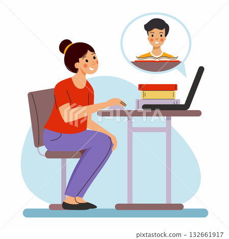 Online learning session with student engaged in virtual class and teacher on screen while studying at home Online learning session with student engaged in virtual class and teacher on screen while studying at home 132661917