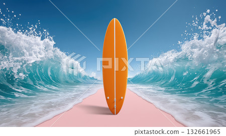 Orange surfboard standing on pink sand between large ocean wave summer beach sunrise feeling free 132661965