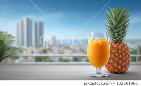 Summer tropical pineapple juice on balcony with coastal skyline and refreshing sunlight mood Summer tropical pineapple juice on balcony with coastal skyline and refreshing sunlight mood 132661966