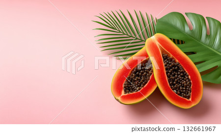 Ripe papaya summer tropical fruit cut in half with seeds on pink background vibrant composition evokes warmth and freshness Ripe papaya summer tropical fruit cut in half with seeds on pink background vibrant composition evokes warmth and freshness 132661967