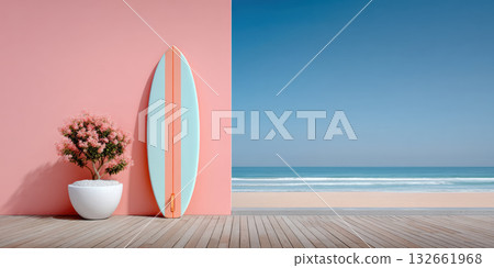 Summer pastel surfboard leaning by pink wall with potted flowering tree peaceful beach horizon and wooden deck at sunrise 132661968