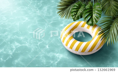 Summer inflatable ring floating in turquoise pool under palm leaves expressing relaxed vacation mood 132661969