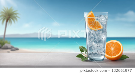 Sparkling water glass with orange slice summer beach breeze refreshing citrus drink mood Sparkling water glass with orange slice summer beach breeze refreshing citrus drink mood 132661977