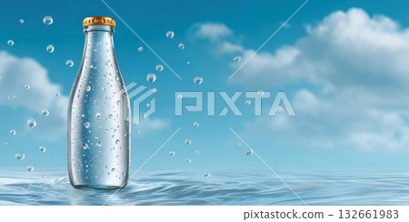 Refreshing glass bottle standing in summer ocean water with droplets and blue sky creating serene bright mood Refreshing glass bottle standing in summer ocean water with droplets and blue sky creating serene bright mood 132661983