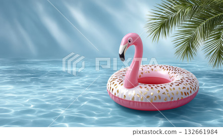 Summer inflatable flamingo float drifting on calm turquoise pool water under palm leaves with soft sunlight Summer inflatable flamingo float drifting on calm turquoise pool water under palm leaves with soft sunlight 132661984