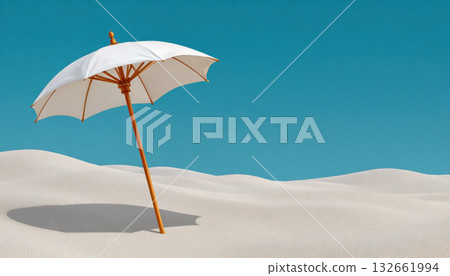 Summer beach scene with white umbrella on sand under blue sky evoking calm relaxation and warm vacation mood Summer beach scene with white umbrella on sand under blue sky evoking calm relaxation and warm vacation mood 132661994