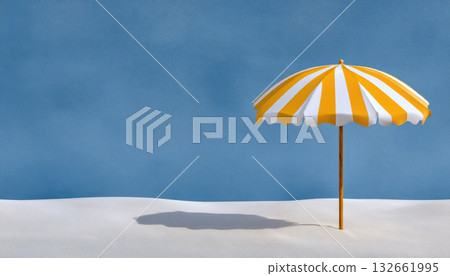 Summer beach umbrella casts soft shadow on white sand under clear blue sky evoking warm relaxation and leisure 132661995