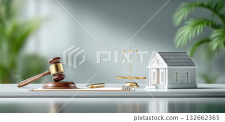 Law concept with gavel scale and house symbolizing property dispute resolution and business mediation calm legal composition 132662365
